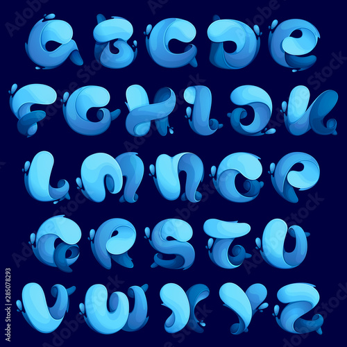 Alphabet ecology stylized letters with water waves and dew drops.