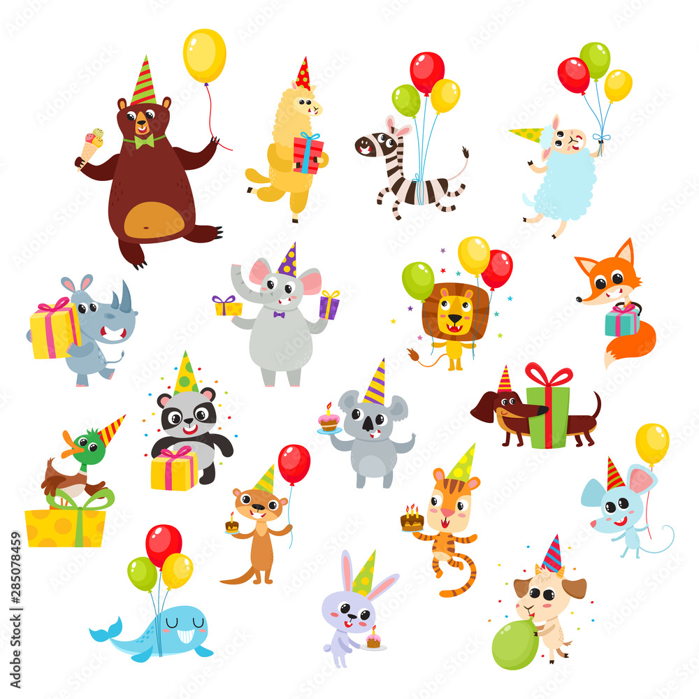 Fototapeta premium Collection of cartoon animals with gifts, balloons isolated on white.