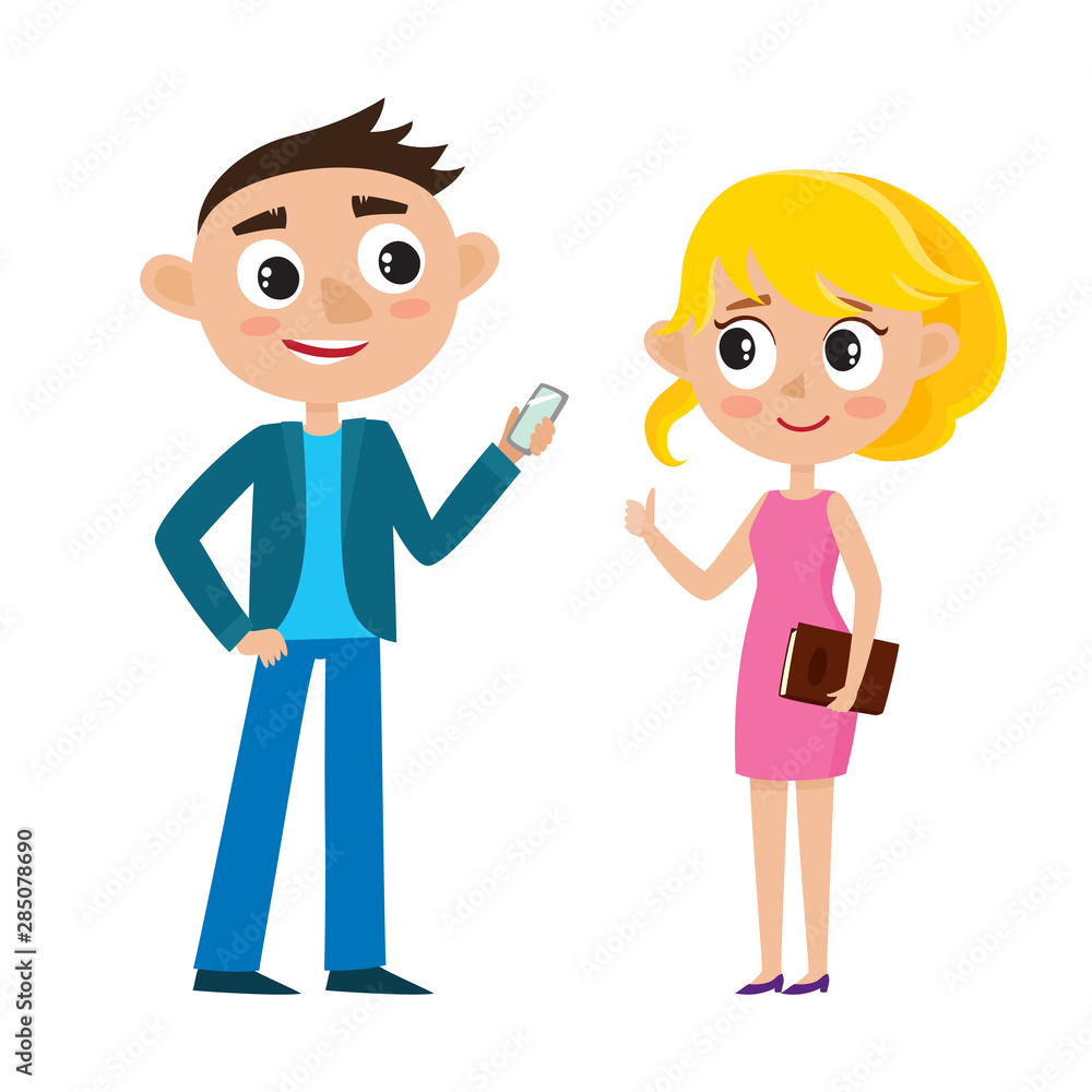 Cartoon business couple in bright clothes isolated on white.