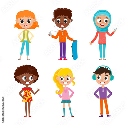 Cartoon european, muslim and african teenagers isolated on white.