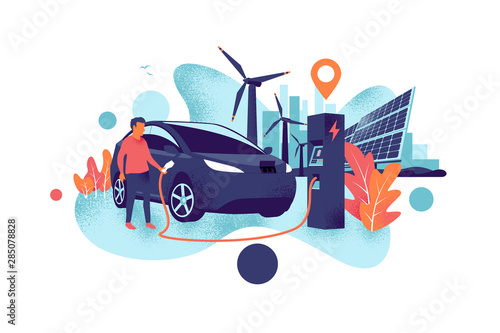 Electric car charging at charger station with a young man. Renewable power generation with wind turbines and solar panels and city skyline. Isolated vector illustration concept grainy shadow style. 