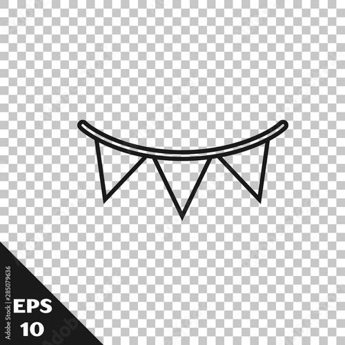 Black line Carnival garland with flags icon isolated on transparent background. Party pennants for birthday celebration, festival and fair decoration. Vector Illustration