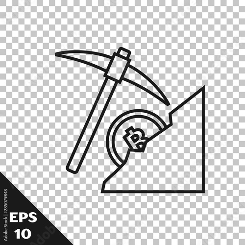 Black line Cryptocurrency cloud mining icon isolated on transparent background. Cloud with pickaxe, bitcoin, digital money market, cryptocoin wallet. Vector Illustration