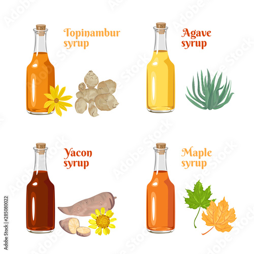 Set of natural sweeteners. Syrup of Jerusalem artichoke, yakon, agave and maple in glass bottles Isolated on a white background. Healthy food vector illustration in cartoon flat simple style.