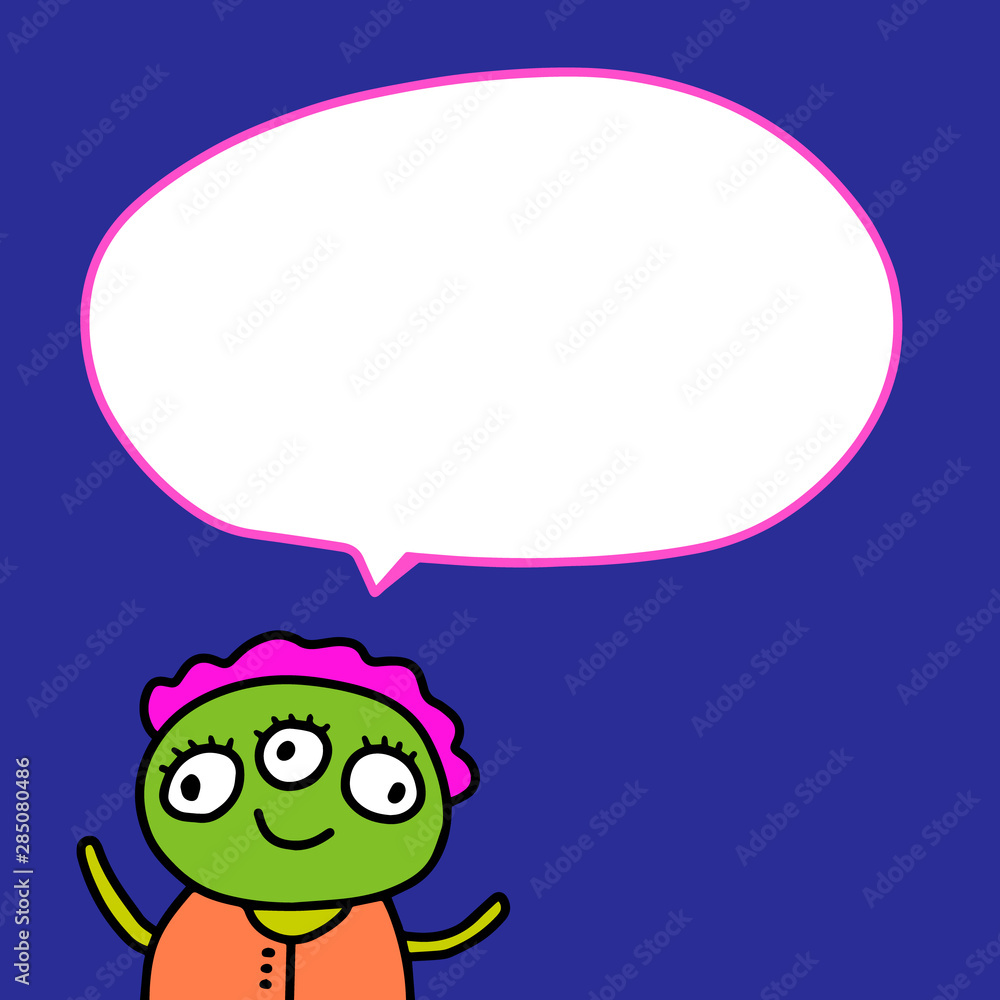 Green monster and speech bubble hand drawn vector illustration in cartoon style Green monster and speech bubble hand drawn vector illustration in cartoon style