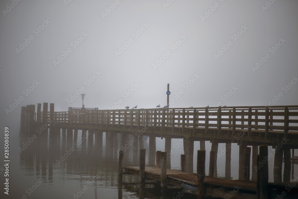 The pier is shrouded in fog, a foggy day on the ocean, seagulls are ...