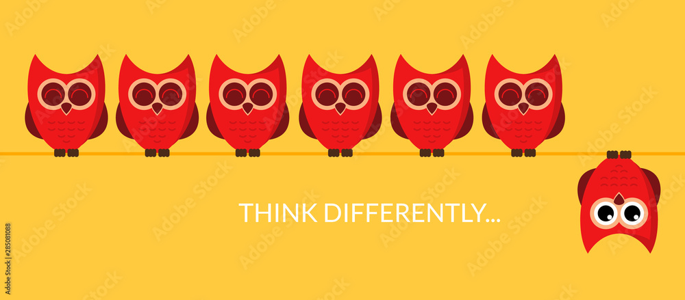 Fototapeta premium Think different funny idea concept. Unique minimal leader owl stand. Think differently leadership