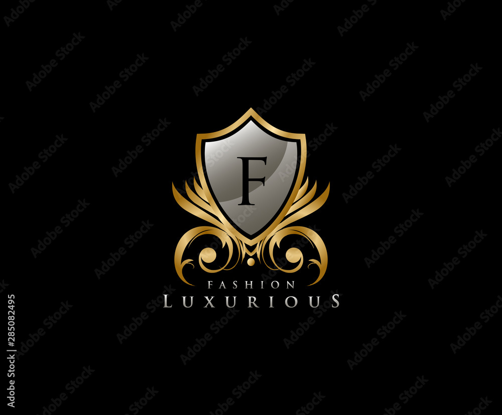 Luxury Golden Shield Logo with F Letter, royal shield logo icon. Luxury Golden Shield Logo with F Letter, royal shield logo icon.