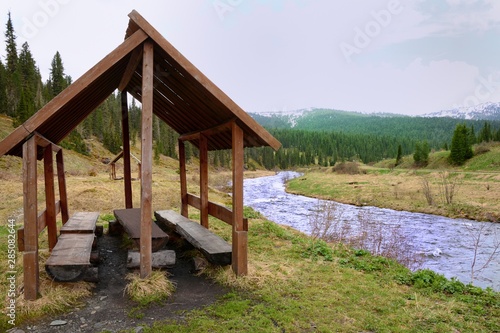 Landscape River Nature Forest Mountains Mountains Trees Spruce Pine Bushes Travel Gazebo Roof Cabin Canopy For relaxation Green Meadow Grass Summer