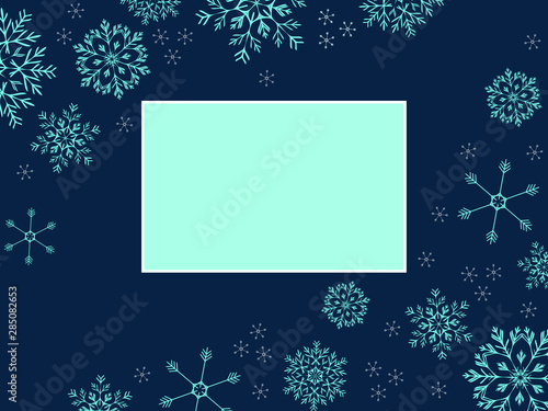Beautiful, delicate, blue snowflakes on a dark blue background-a template, a form for an invitation or a card. Vector illustration with copy space