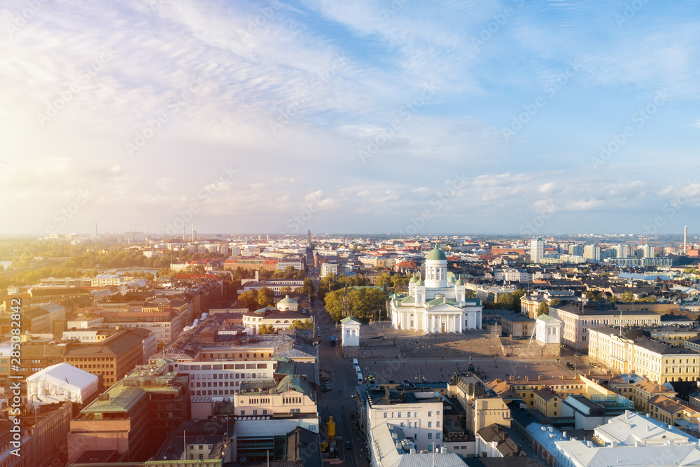 Scenic aerial view of Helsinki Cathedral in the capital of Finland at sunset. Beautiful sky and clouds.