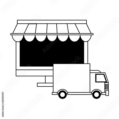 delivery commerce online sales cartoon in black and white
