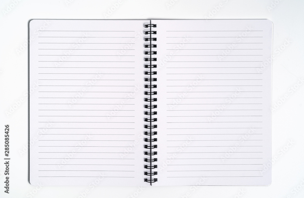 Business concept - Top view collection of spiral kraft notebook front, purple And white open page isolated on background for mockup Business concept - Top view collection of spiral kraft notebook front, purple And white open page isolated on background for mockup