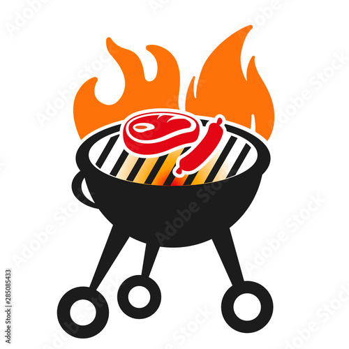 Barbecue icon with meat and fire. Simple and flat.