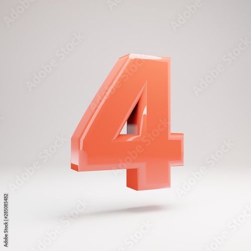 3d number 4. Living Coral font with glossy reflections and shadow isolated on white background.