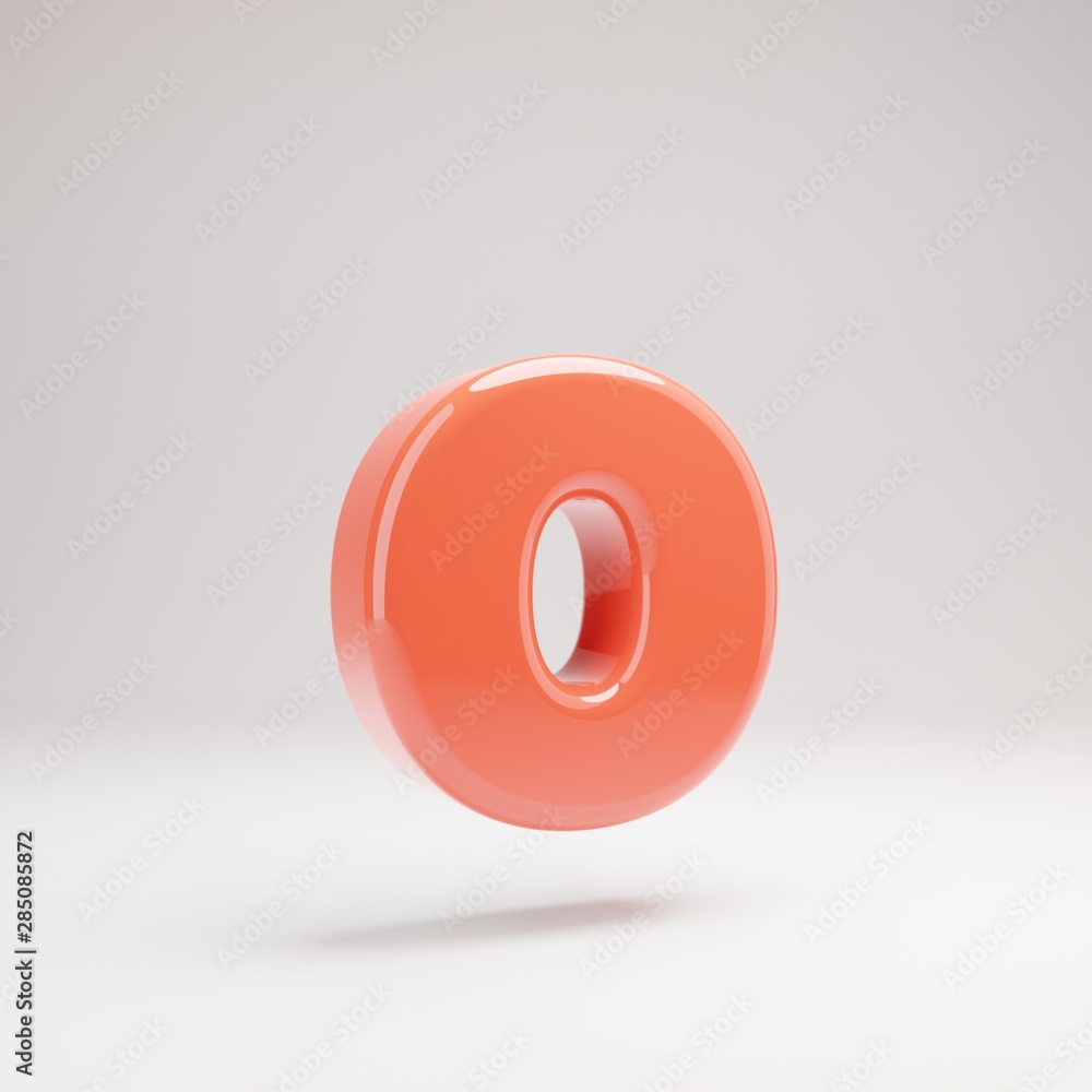 Letter O lowercase. Living Coral font with glossy reflections and shadow isolated on white background. Letter O lowercase. Living Coral font with glossy reflections and shadow isolated on white background.