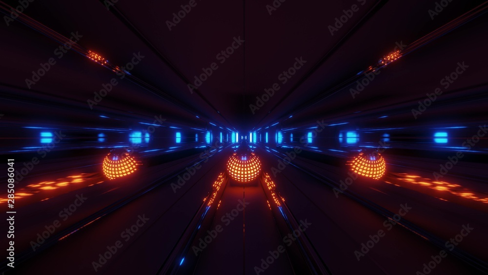 nice orange glowing sphere with reflective space tunnel background 3d rendering illustration
