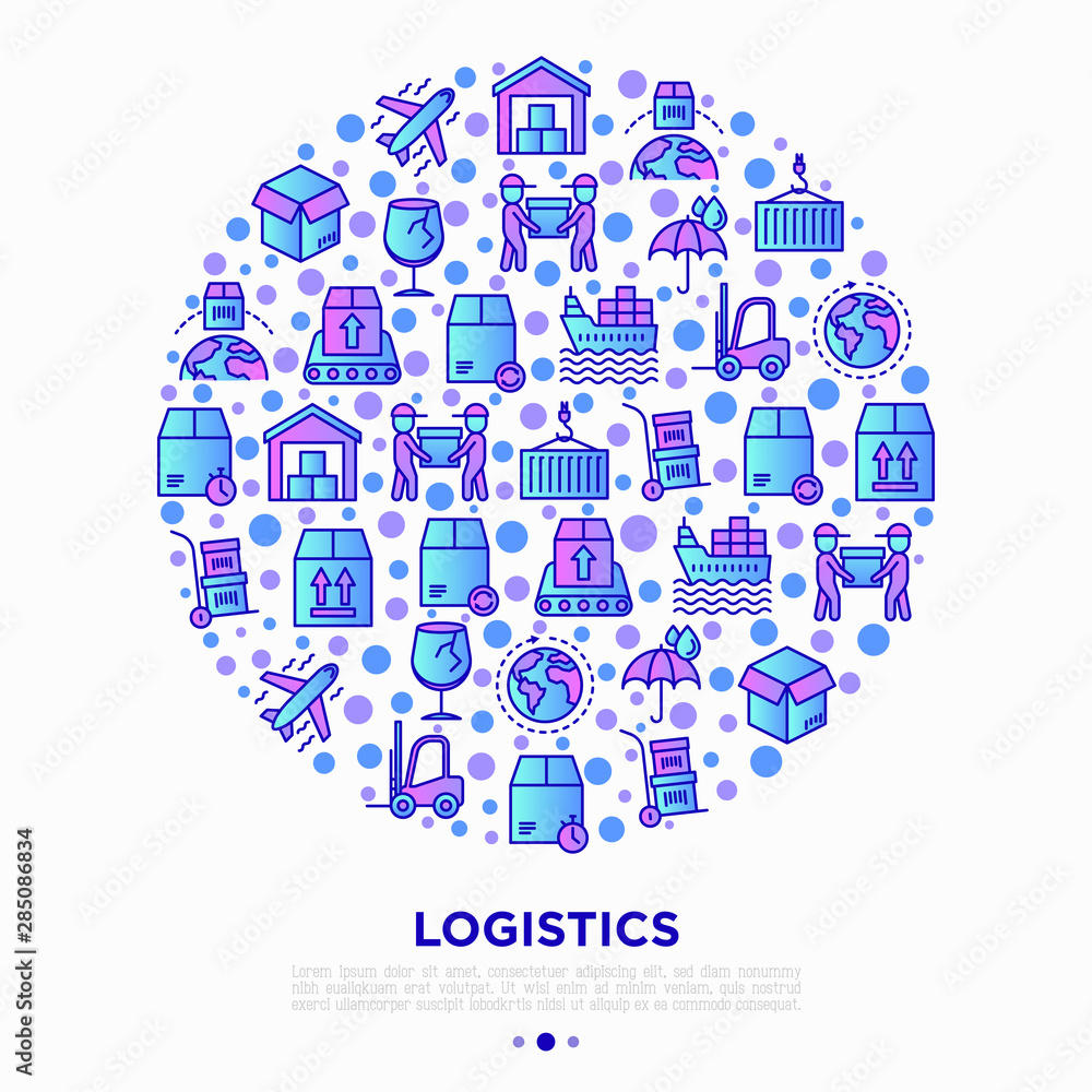 Logistics concept in circle with thin line icons: forklift loader, conveyor belt, container, storage, cardboard box, return, cargo delivery, mover, worldwide shipping, keep dry. Vector illustration. Logistics concept in circle with thin line icons: forklift loader, conveyor belt, container, storage, cardboard box, return, cargo delivery, mover, worldwide shipping, keep dry. Vector illustration.