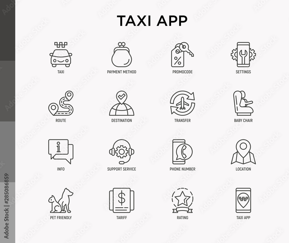 Taxi app thin line icons set: payment method, promocode, app settings, info, support service, phone number, location, pointer, route, destination, airport transfer, baby seat. Vector illustration. Taxi app thin line icons set: payment method, promocode, app settings, info, support service, phone number, location, pointer, route, destination, airport transfer, baby seat. Vector illustration.