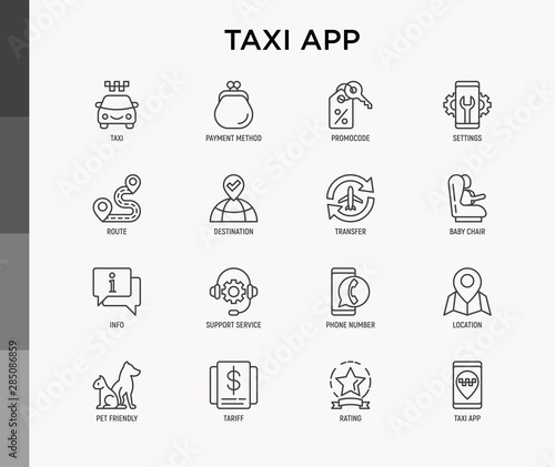 Taxi app thin line icons set: payment method, promocode, app settings, info, support service, phone number, location, pointer, route, destination, airport transfer, baby seat. Vector illustration.