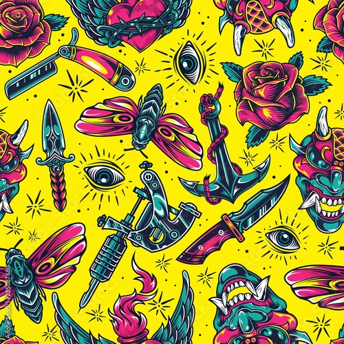 Vintage flash tattoo designs seamless pattern
