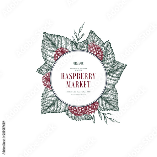 Raspberry round design template. Engraved style illustration. Vector illustration