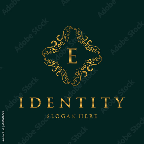 Elegant Flower Emblem Logo with Letter E. Vector logo template, Premium linear ornate monogram letter E logotype. 