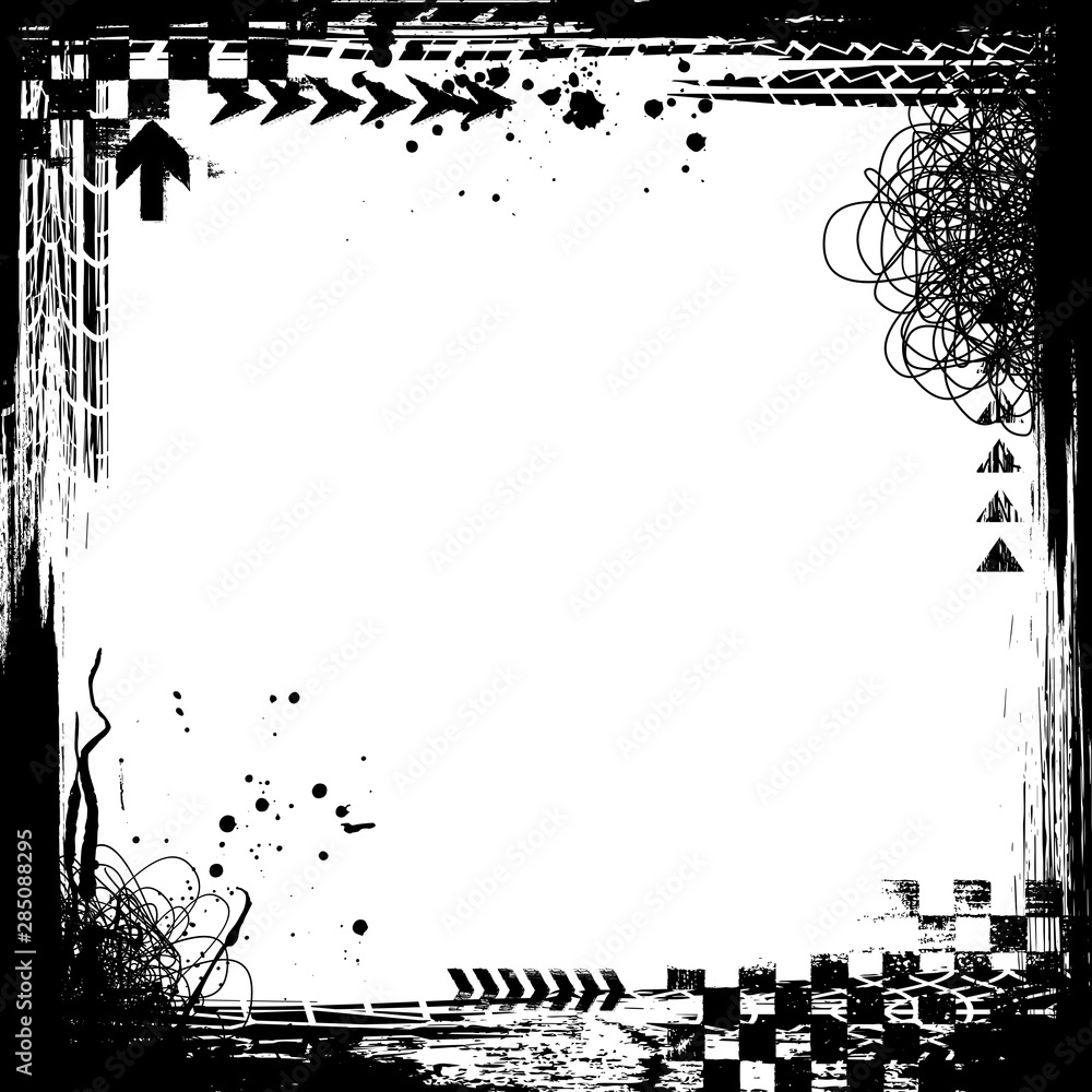 White background with black grunge square frame with tire tracks and ink splash White background with black grunge square frame with tire tracks and ink splash