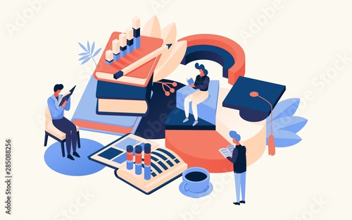Concept educative isometric illustration with books and people learning about business, diagrams, charts and graphs in bright orange and blue colors. Horizontal 3d vector