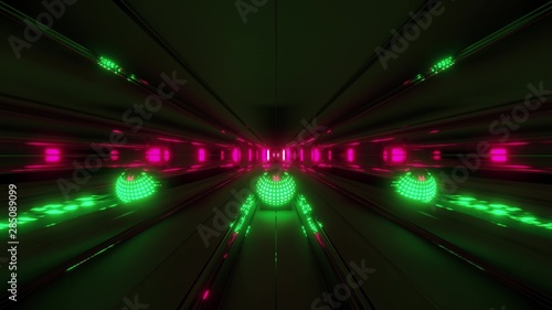 nice green glowing sphere with reflective space tunnel background 3d rendering illustration