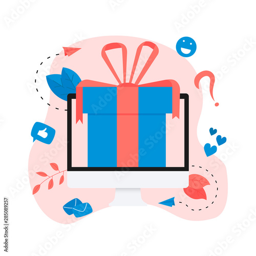 Online gift box. Promotion of online store or shop loyalty program and bonus. Vector illustration for advertisement.	