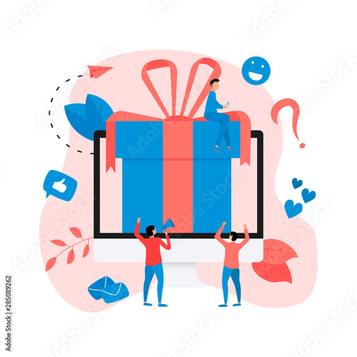 Online gift box. Promotion of online store or shop loyalty program and bonus. Vector illustration for advertisement.	