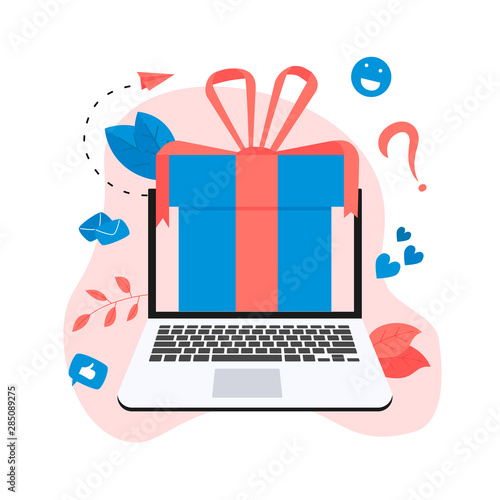 Online gift box. Promotion of online store or shop loyalty program and bonus. Vector illustration for advertisement.	