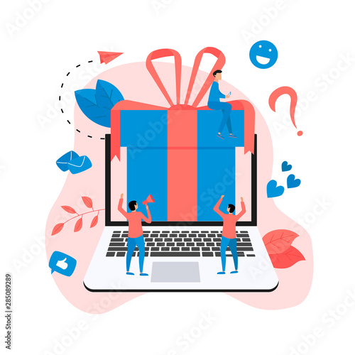 Online gift box. Promotion of online store or shop loyalty program and bonus. Vector illustration for advertisement.	