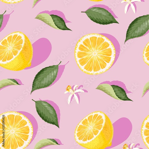 Seamless pattern with lemon slices and leaves