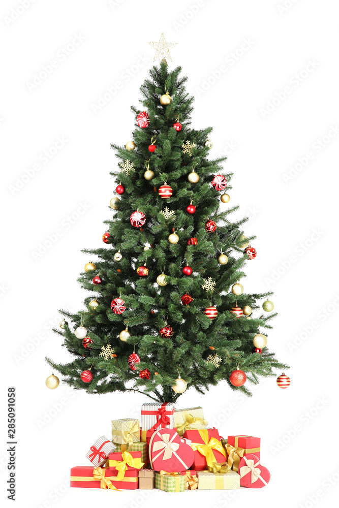 Christmas tree with decorations and gift boxes isolated on white background