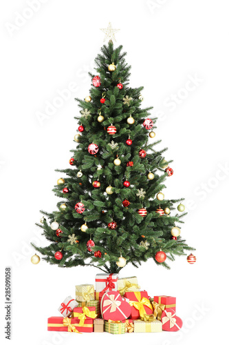 Christmas tree with decorations and gift boxes isolated on white background