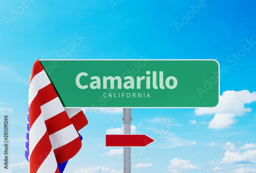 Camarillo – California. Road or Town Sign. Flag of the united states. Blue Sky. Red arrow shows the direction in the city. 3d rendering photo