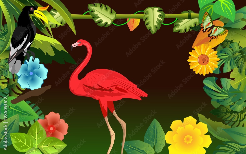 Red flamingo and other birds and animals on jungle background, and tropical plants, vector illustration Red flamingo and other birds and animals on jungle background, and tropical plants, vector illustration