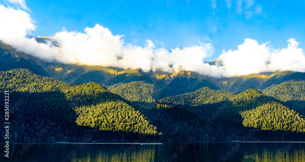 Fototapeta Panorama of the mountain lake Ritsa.