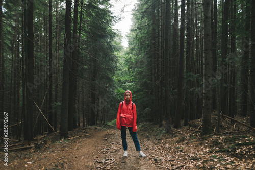 Hiker woman in a red raincoat stands on a trail in the mountains,looks in camera, girl on a mountain hike. Full length photo of tourist in red jacket standing in background of big old coniferous trees