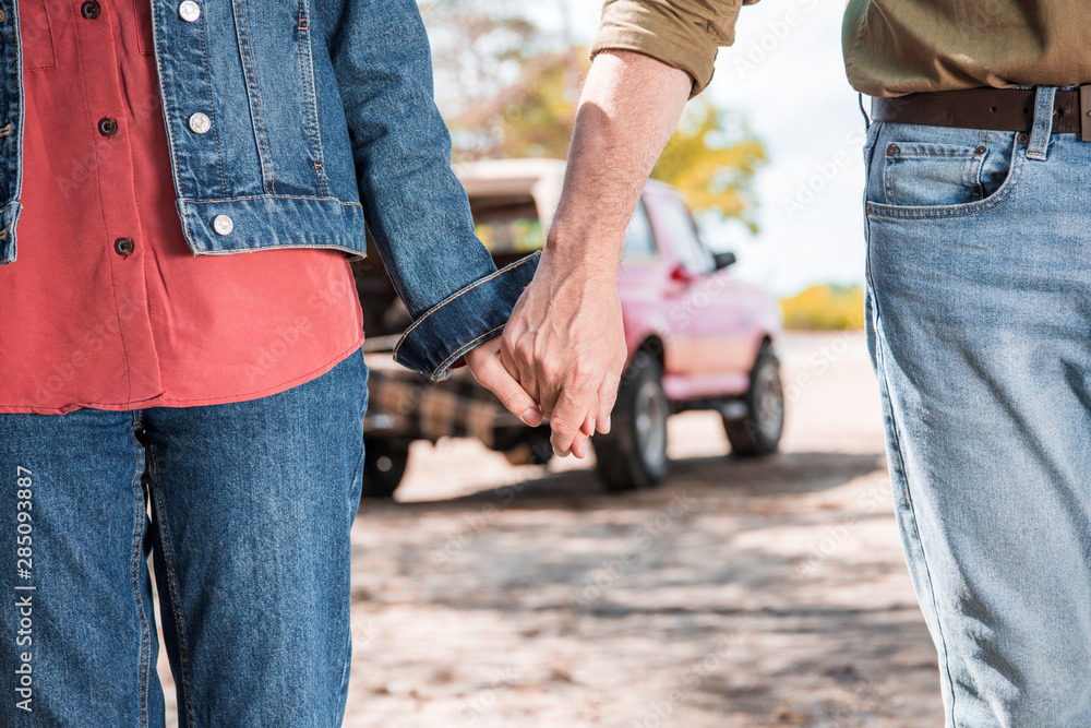 cropped view of senior couple holding hands near car in forest cropped view of senior couple holding hands near car in forest