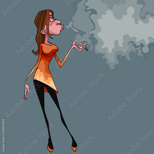 cartoon smoking woman with pleasure exhales a lot of smoke