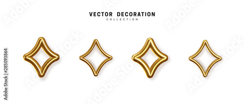 Gold geometric shapes. Golden decorative design elements isolated white background. Bronze metallic silhouettes. 3d objects shaped linear square rectangle  frame border. Realistic vector illustration.