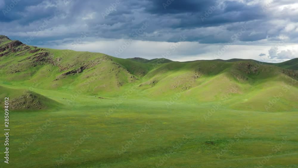 Aerial view of steppe and mountains landscape in Orkhon valley, Mongolia, 4k Aerial view of steppe and mountains landscape in Orkhon valley, Mongolia, 4k