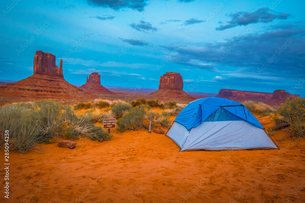 Blue tent at The View Campground campsite in Monument Valley itself. Utah