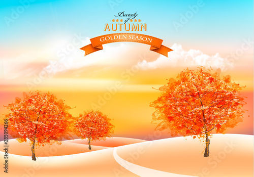 Beautiful autumn nature background with colorful trees and landscape. Vector.