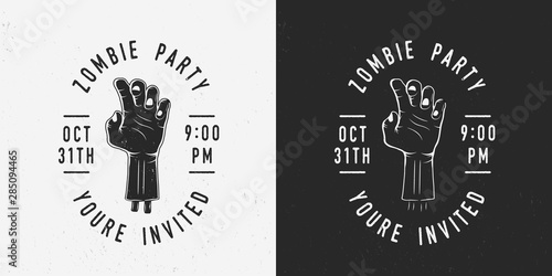 Zombie party badge, label, logo. Hand of Zombie with text. Vintage Halloween party logo. Invitation card. Vector illustration