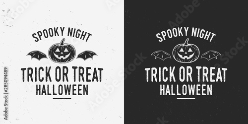 Spooky night logo with halloween pumpkin. Halloween label, badge isolated on black and white background. Vintage design with grunge texture. Vector illustration