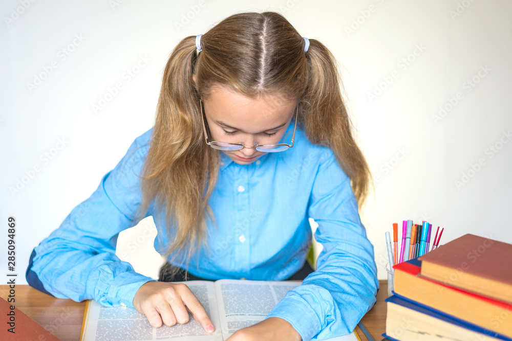Back to school. Close-up portrait of nice attractive clever smart girl thinking how to prepare exam test pass at work place isolated on white background Back to school. Close-up portrait of nice attractive clever smart girl thinking how to prepare exam test pass at work place isolated on white background